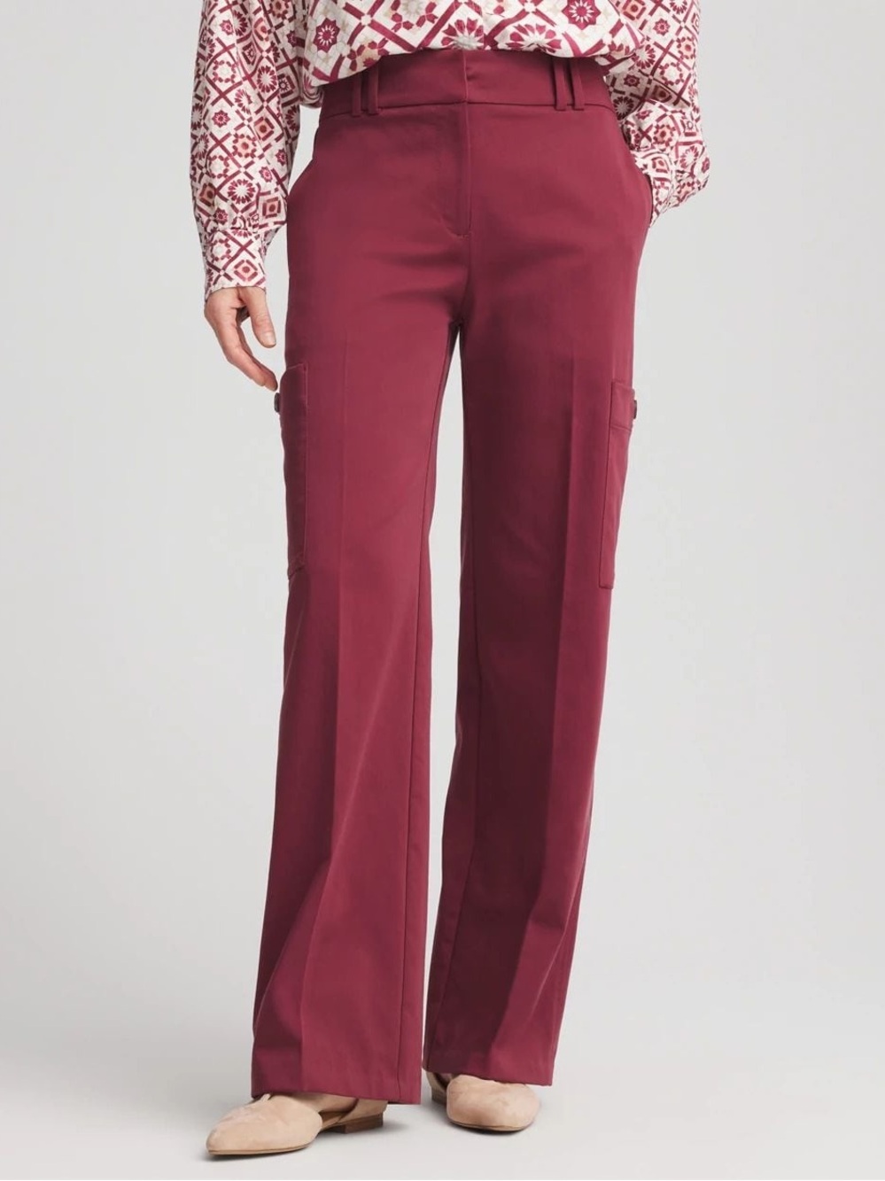 Chico's Sateen Cargo Pants Wine Size 4R NWT High Rise Straight Leg